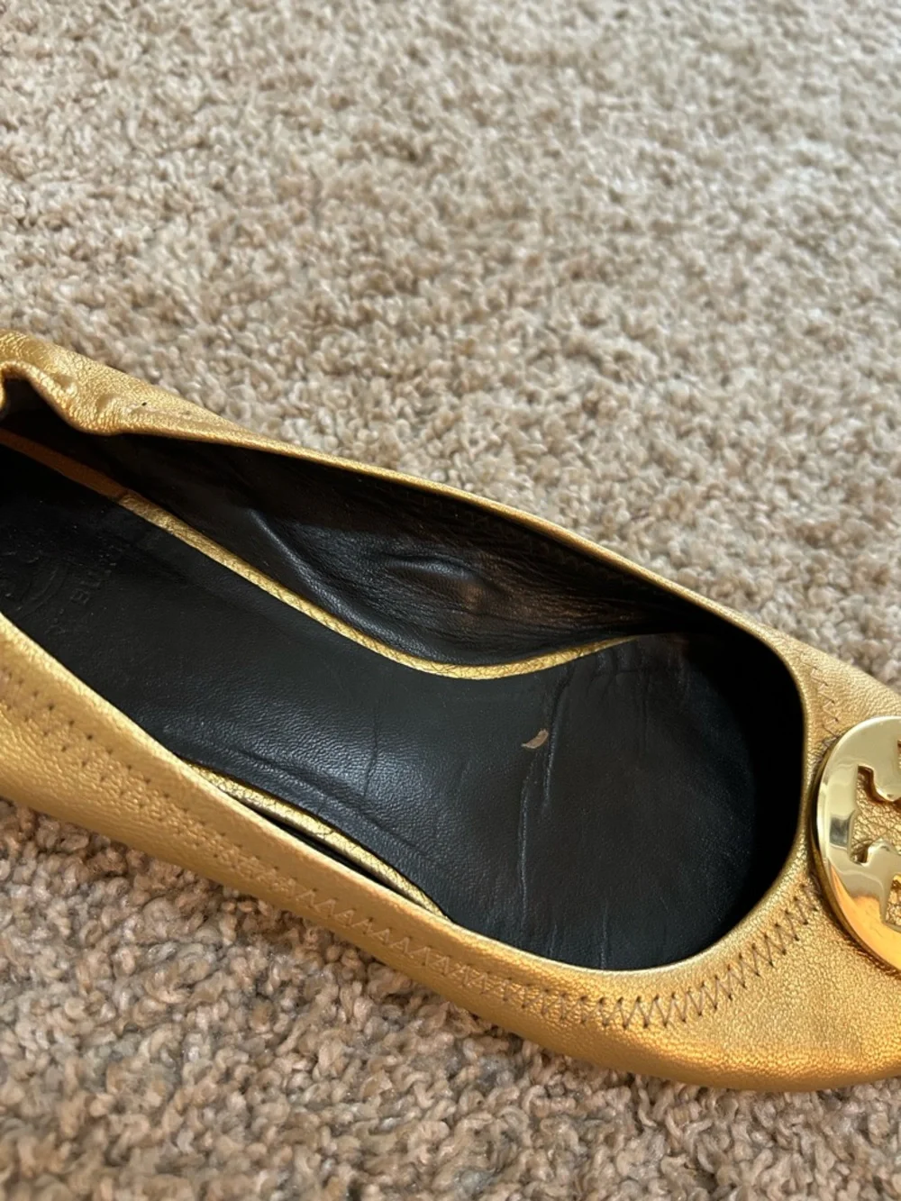 Tory Burch Reva Metallic Gold Logo Ballet Flats